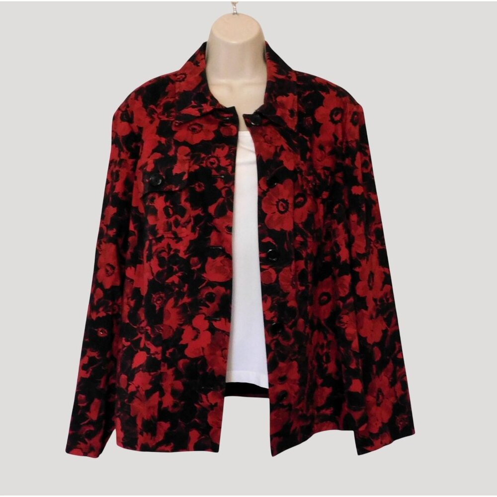 Jones New York Jacket Woman's 16W Red Black Floral Print Lined Stretch